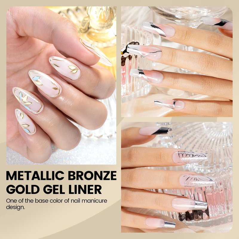 Metallic Gel Nail Polish Set - Silver, Bronze & Gold | 3D Effect, 8ml, Thin Brush for Home Salon