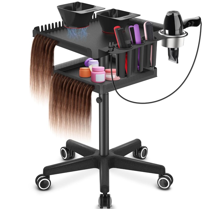 Professional Hair Extensions Organizer Cart - Metal Salon Tray with Magnetic Bowls & Hair Dryer Holder | Adjustable Rolling Base, Black