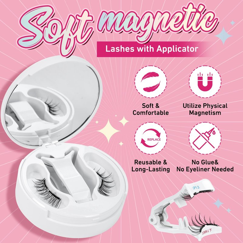 Magnetic Eyelashes Soft Magnetic Lashes With Applicator,3s Application 1s Removal No Glue Needed Long Lasting and Reusable Soft Magnet Lashes Waterproof Cruelty Easy To Wear (1Pair,Frisky)