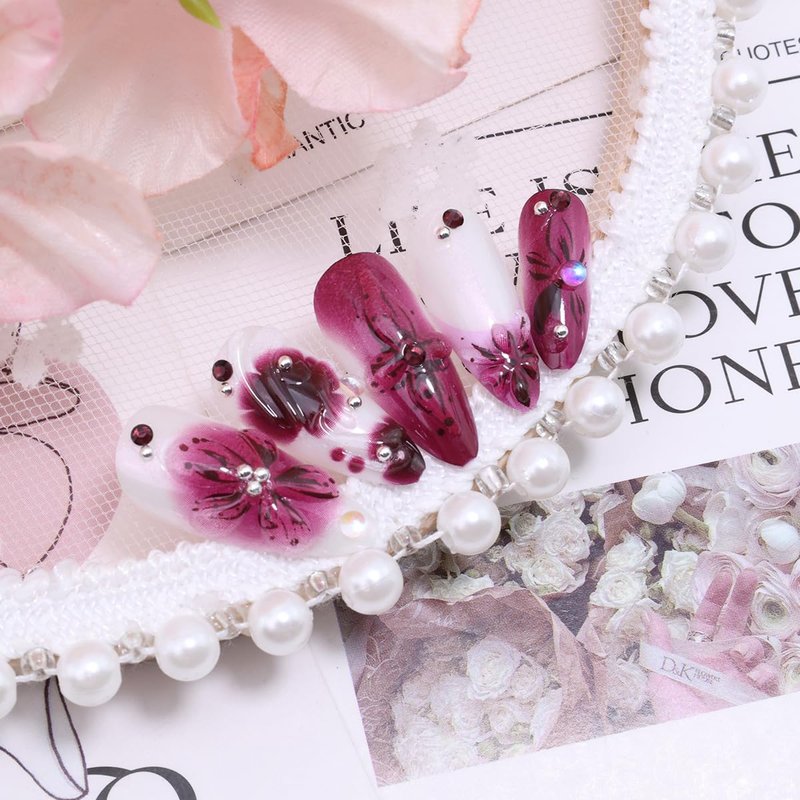 24Pcs Flower Press on Nails Medium Almond Fake Nails 3D Floral with Rhinestones Press Ons Glue on Nails Purple Full Cover Full Cover French Tip False Nails Stick on Nails for Women Spring Acrylic