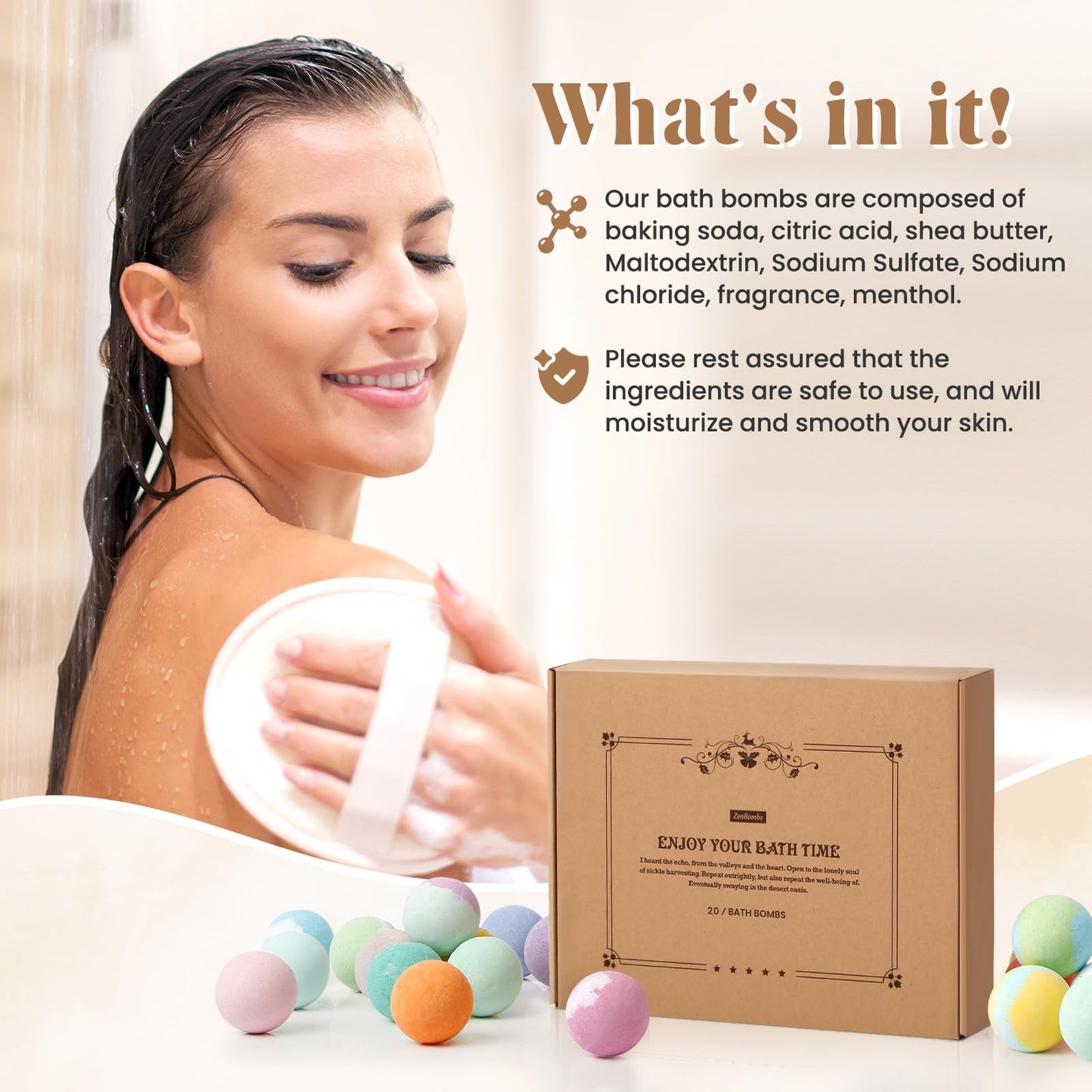 ZenBombs Bath Bombs Set, 20 pcs Natural Shea Butter & Safe Oil Bath Bomb for Skin Moisturizing, Handmade Bubble Bath & Fizzy, Ideal Presents for Women