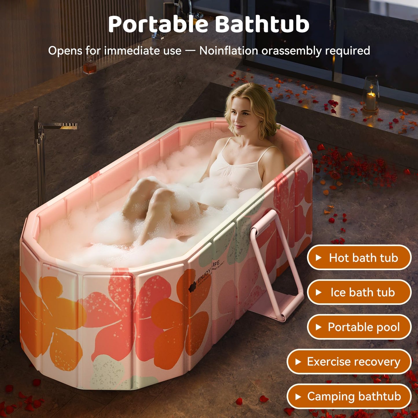 HLCZLUZ Portable Foldable Bathtub, Freestanding Bathtub No Installation, Bathroom SPA Soaking Bath Tub, Shower Stall Collapsible Hot & Ice Bath for Indoor Outdoor (Pink, ‎47.2"L x 21.6"W x 19.6"H)