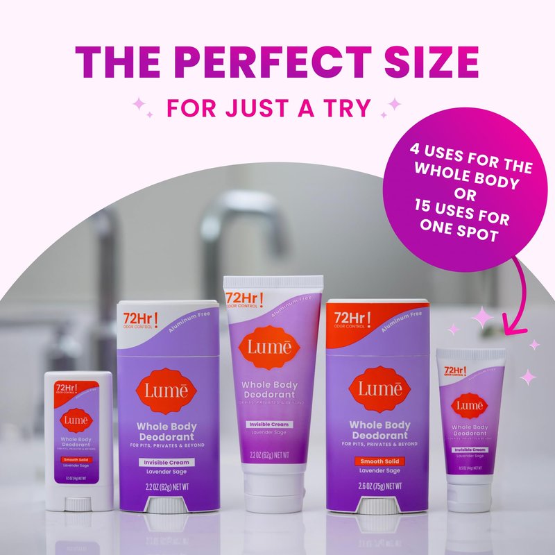 Lume Whole Body Deodorant - Mini Travel Size Invisible Cream Tube - Trial Size - 72 Hour Odor Control - Doctor Developed - Aluminum Free, Baking Soda Free - .5oz (Pack of 2) (Lavender Sage)
