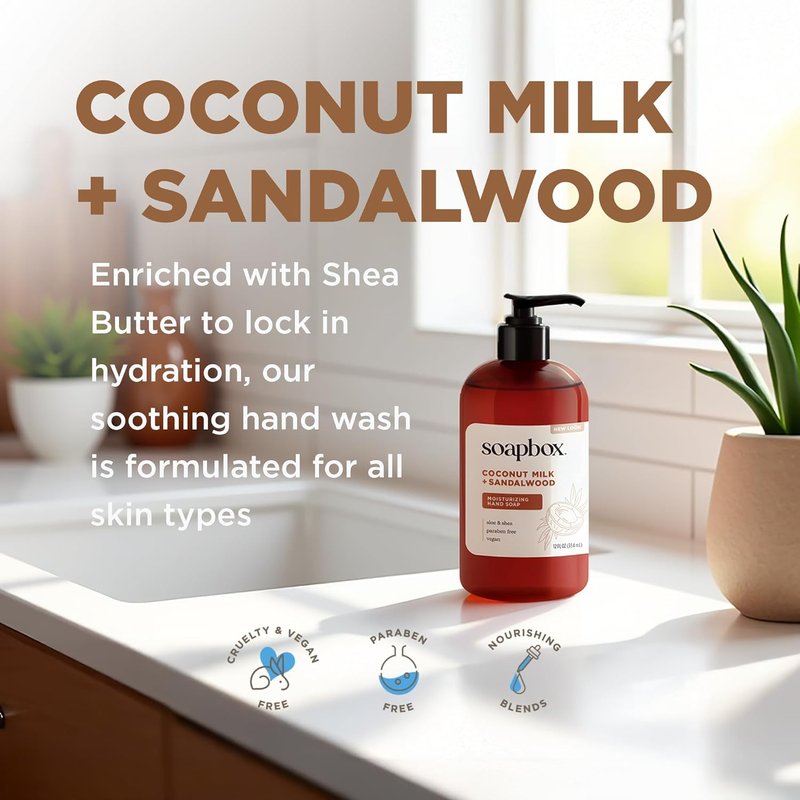 Coconut Milk & Sandalwood Liquid Hand Soap - Moisturizing Cleanser | Gentle, Clean Ingredients - 3 Pack