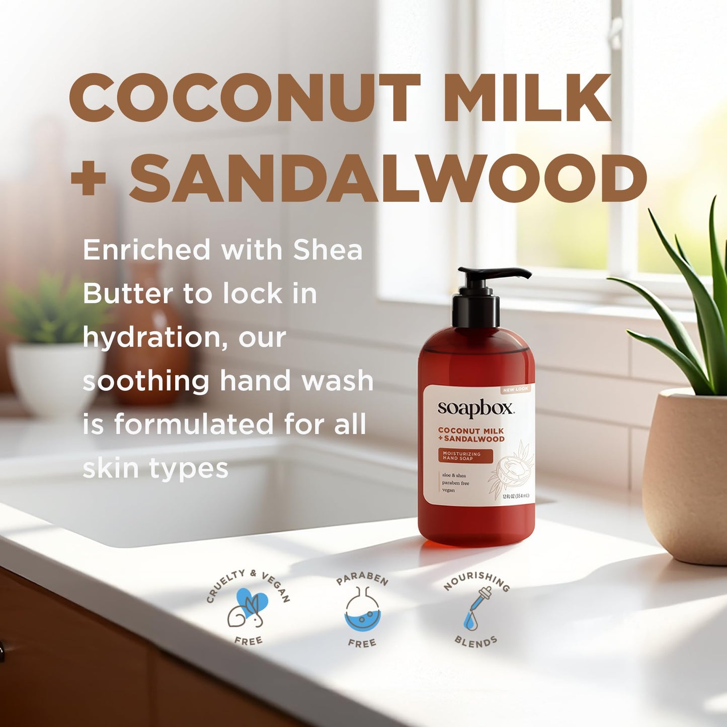 Soapbox Coconut Milk & Sandalwood Liquid Hand Soap, Moisturizing Hand Wash - Gentle Cleanser for Hands - Clean Ingredients Free of Harsh Chemicals, Sulfates, Parabens & Silicones - 3 Pack