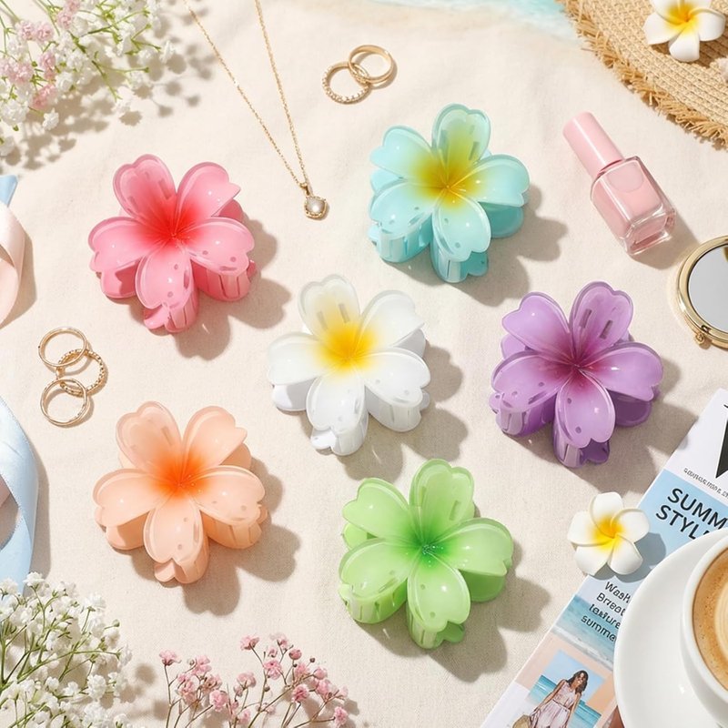 Flower Hair Claw Clips - 6 Pcs Hawaiian Style for Thick & Curly Hair | Strong Hold, Non-Slip Beach Accessories