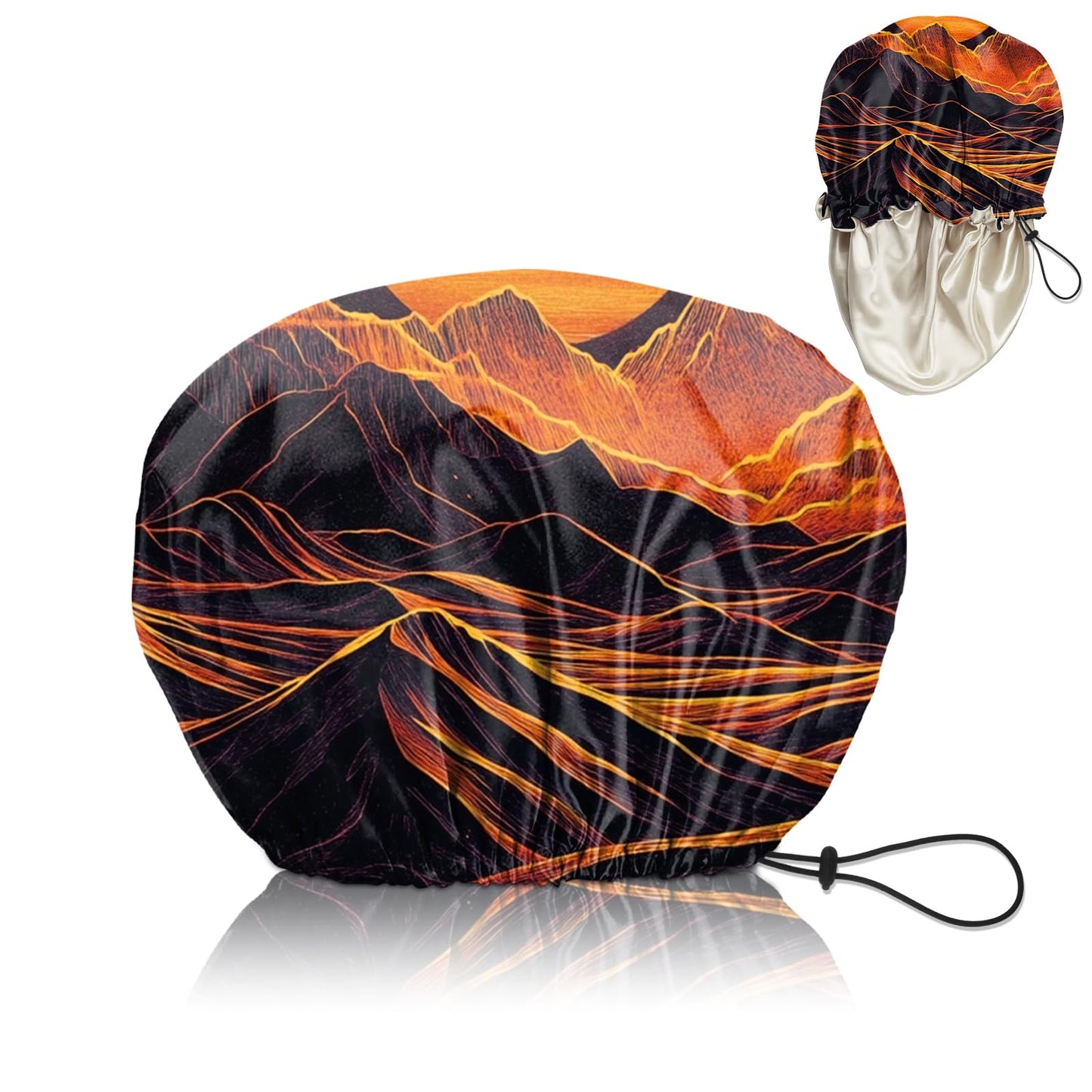Cabreche Luxury Shower Cap Satin Silk Lined Adjustable Elastic Reusable Waterproof Shower Bath Cap Cute for Women Girls-Sunset