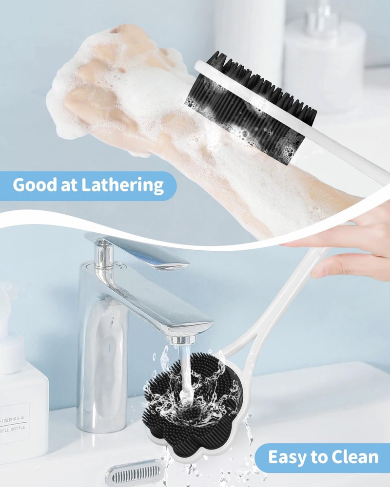 Manmihealth 15.7" Cute Silicone Body Scrubber & Soft Shower Brush Face Scrubber Set (3 PCS), Paw-Shaped Silicone Back Brush & Body Facial Scrubber with Super-Soft Bristles Combination(GraySet)