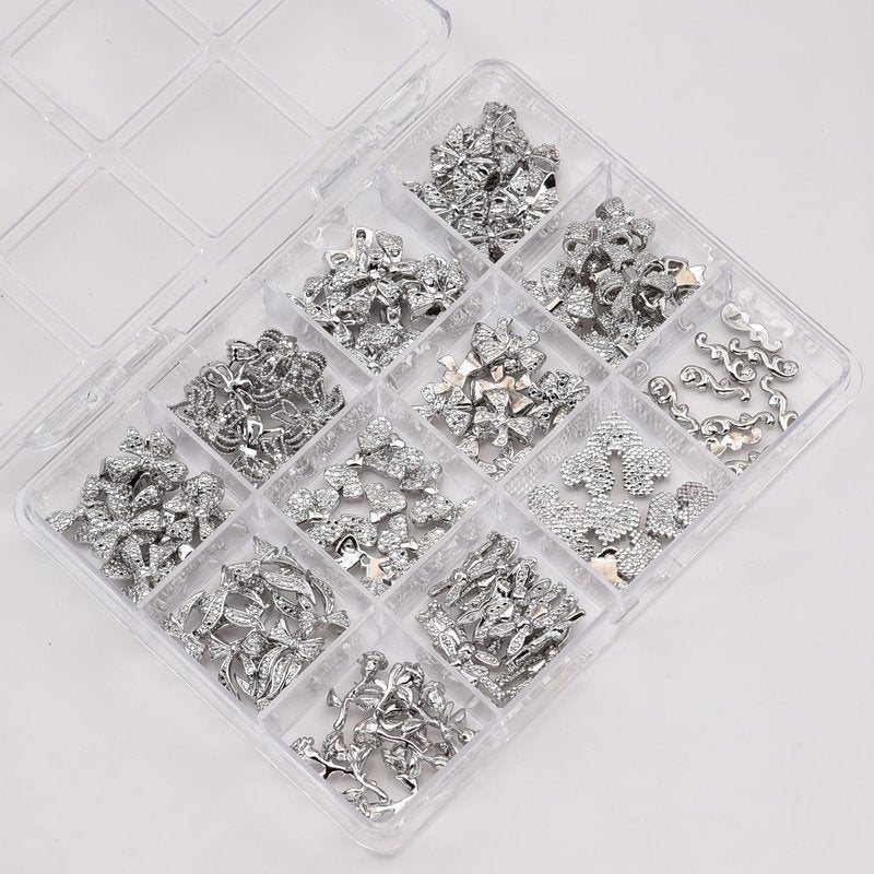Skiennix 120pcs Nail Charms - 12 Styles of Black Metal 3D Heart & Flower Decorations for Acrylic Nails