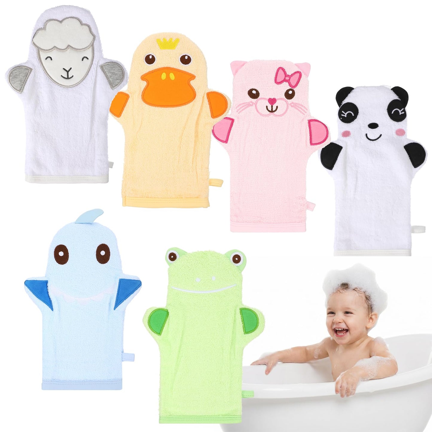 6Pcs Baby Bath Mitt Washcloths Gloves Soft Panda Toddler Washcloths for Kids Cute Animal Designs Yellow Duck Shark Sheep Cotton Towel Gentle Scrub for Baby Bath Shower