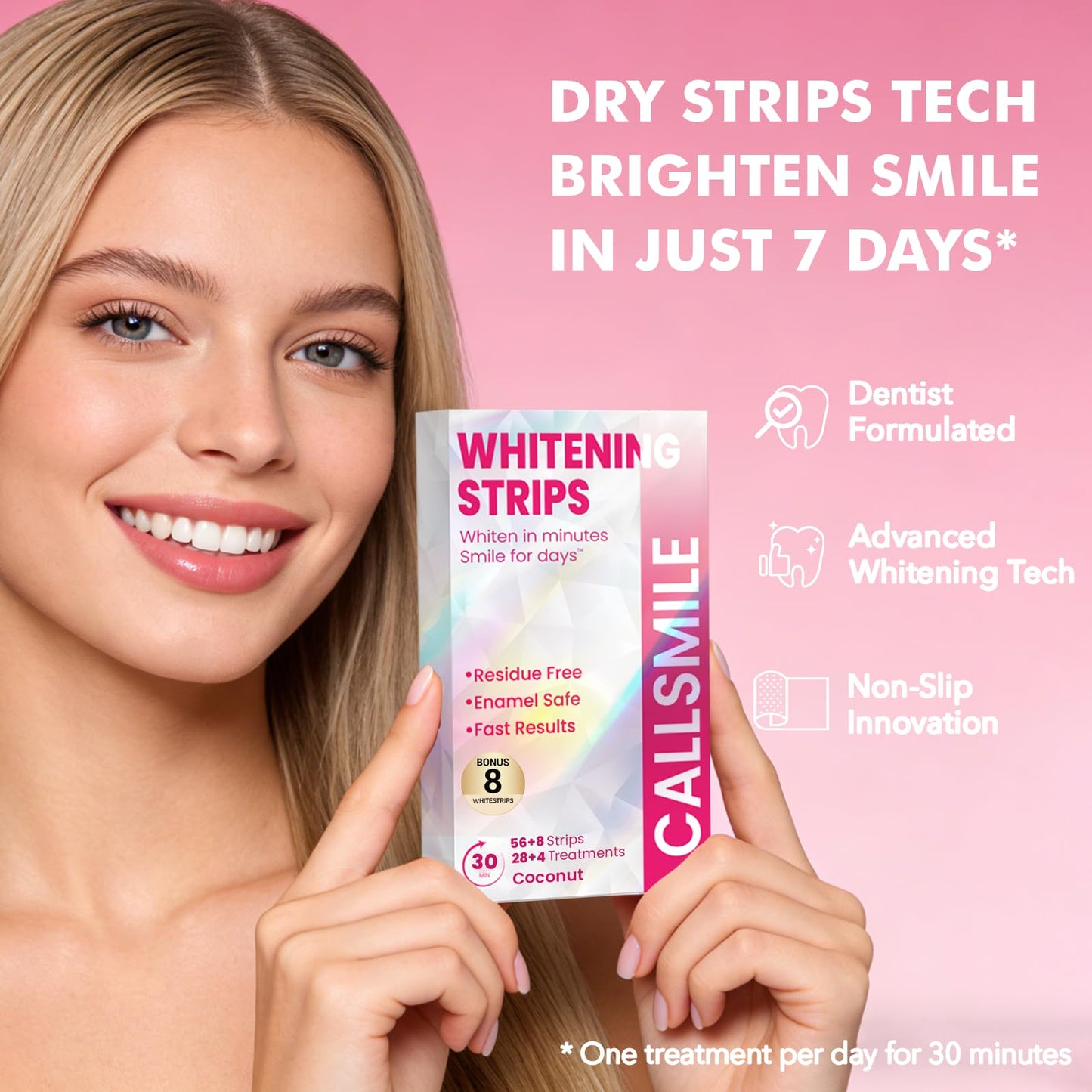 CALLSMILE Whitening Strips for Teeth Sensitive: 64 Strips Gentle Teeth Whitening Strips Enamel Safe Non-Slip Dry Strip Technology Residue Free Daily Oral Care, Coconut
