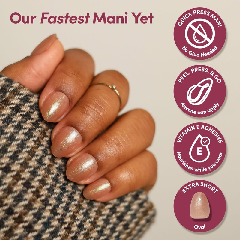 Glamnetic Quick Press Mani - No Glue Press On Nails, Just Peel and Stick, Oval Extra Short Nails, Mess Free, Salon Quality Stick On Nails, Sparkly Brown | in 15 Sizes - 30 Nail Kit
