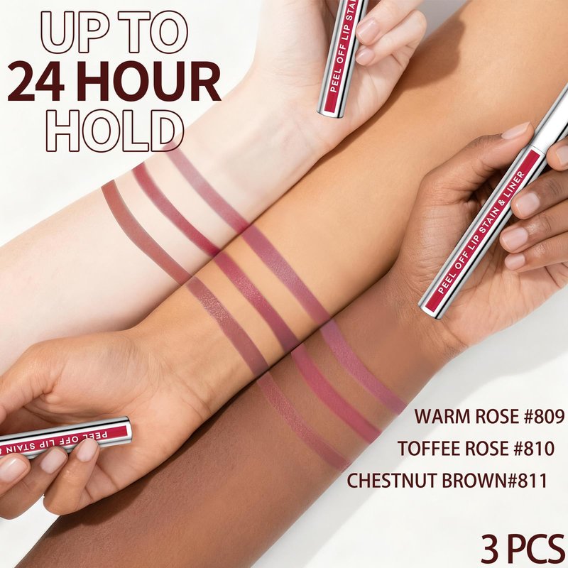 JUNECODE 3Pcs Lip Stain Peel Off Set with Tweezer, Peel Off lip Liner Stain Long Lasting Waterproof, Matte Lip Tattoo Tint Transfer Proof, Highly Pigmented Color Lip Makeup(#809+810+811)