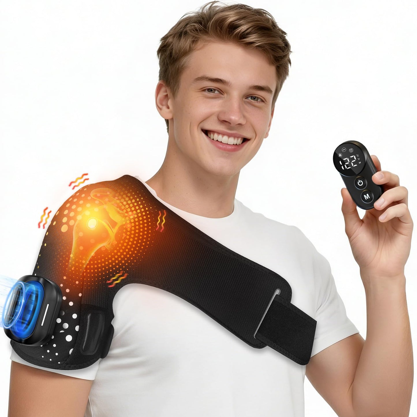 WNH Cordless Shoulder Heating Pad with Massage, Magnetic Detachable Remote Control, 5 Heat & 5 Vibration Modes, 3 Auto Shut-Off Timer, Adjustable Heated Shoulder Wrap for Men Women (Black)
