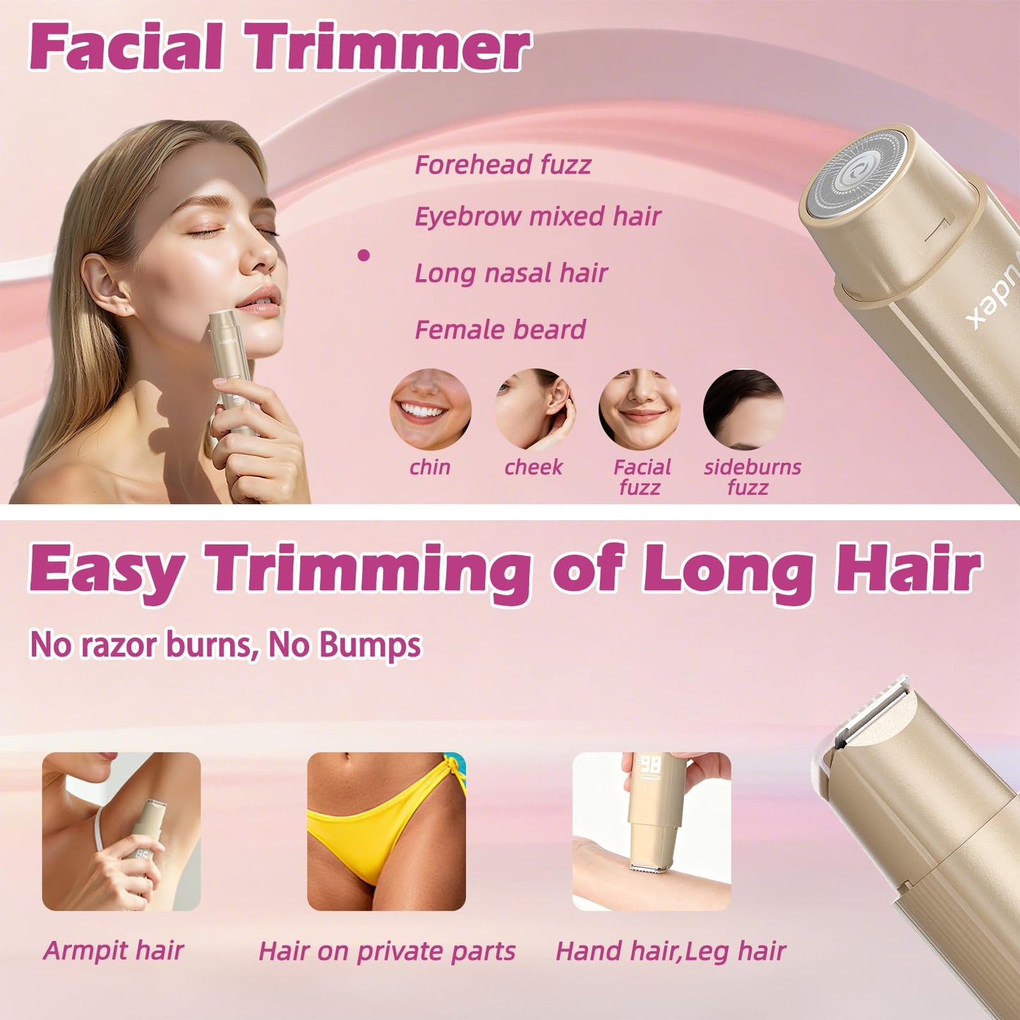 Bikini Trimmer for Women, Painless Electric Razor for Pubic Hair, Face, Legs, Underarms, IPX7 Waterproof Shaver with Ceramic Blades, USB Rechargeable, Portable for Travel, Gifts for Women (Gold)