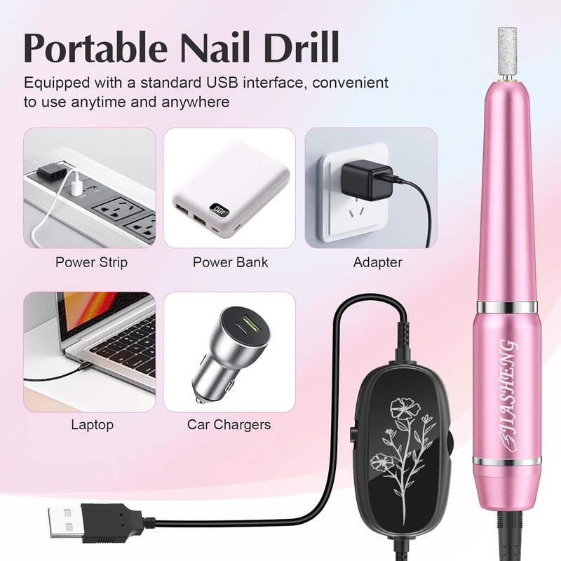 JIASHENG USB Electric Nail Drill - Portable Nail File for Acrylic & Gel Nails | Professional Manicure Kit in Pink