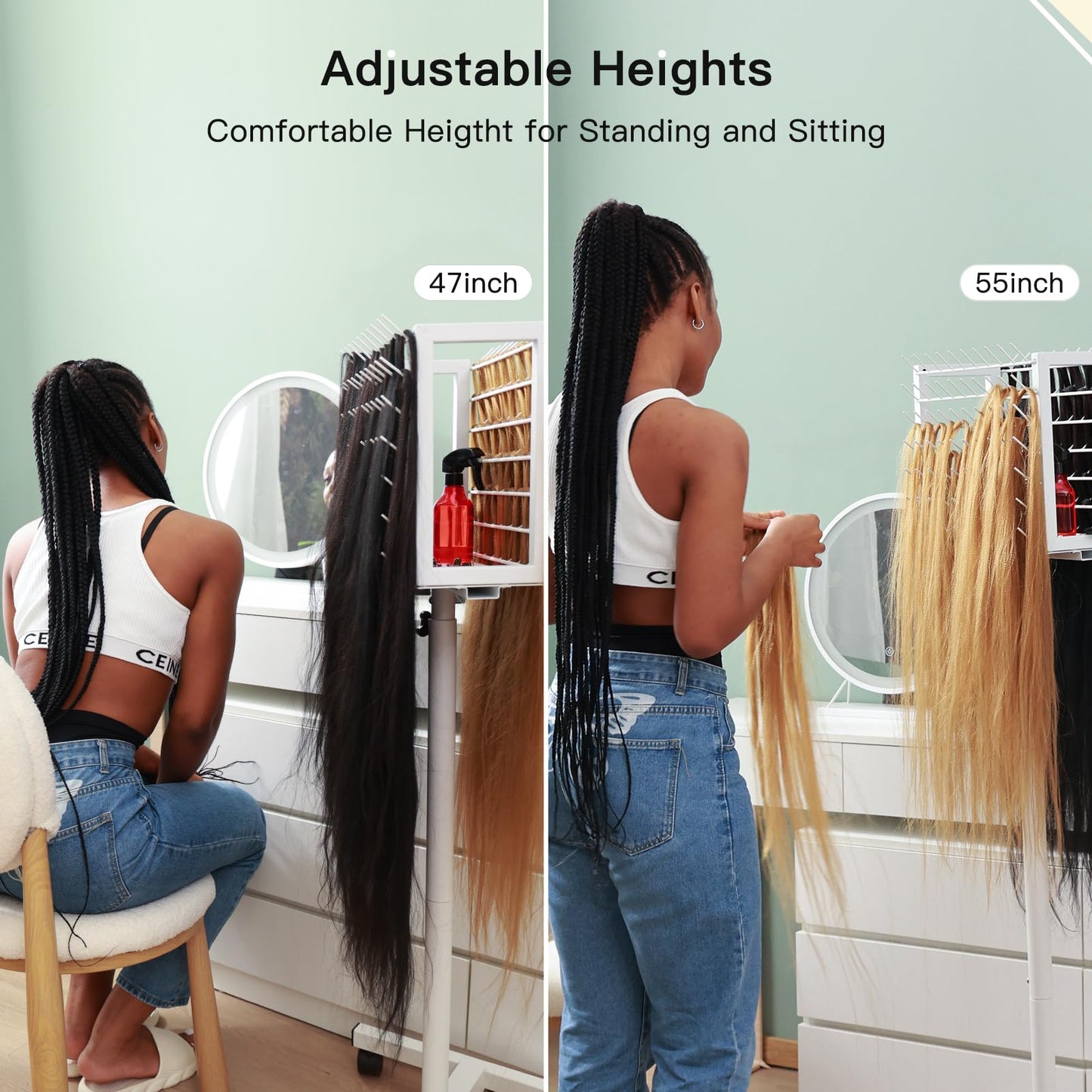 Yumkfoi Steel Braiding Hair Rack, Liftable and Rotating, Double Sided Braid Rack with Wheels and Storage Shelf, White Hair Separator Stand Hair Racks for Braiders Standing, Hairstylists (140 Pegs)