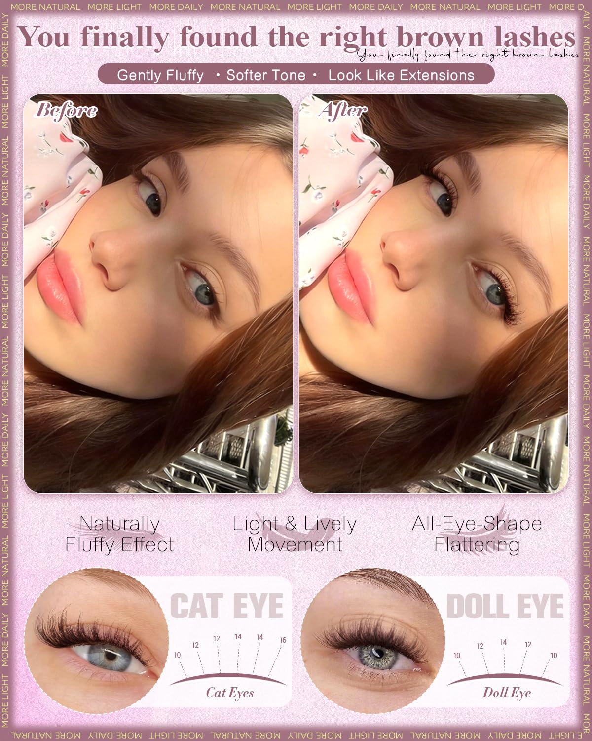Wtvane Brown Lash Clusters Fluffy Eyelash Clusters 10-16mm Natural Cluster Eyelash Extensions Wispy Lashes Clusters Dark Brown Fairy Individual Lashes with Soft Thin Band for Natural Fluffy Look