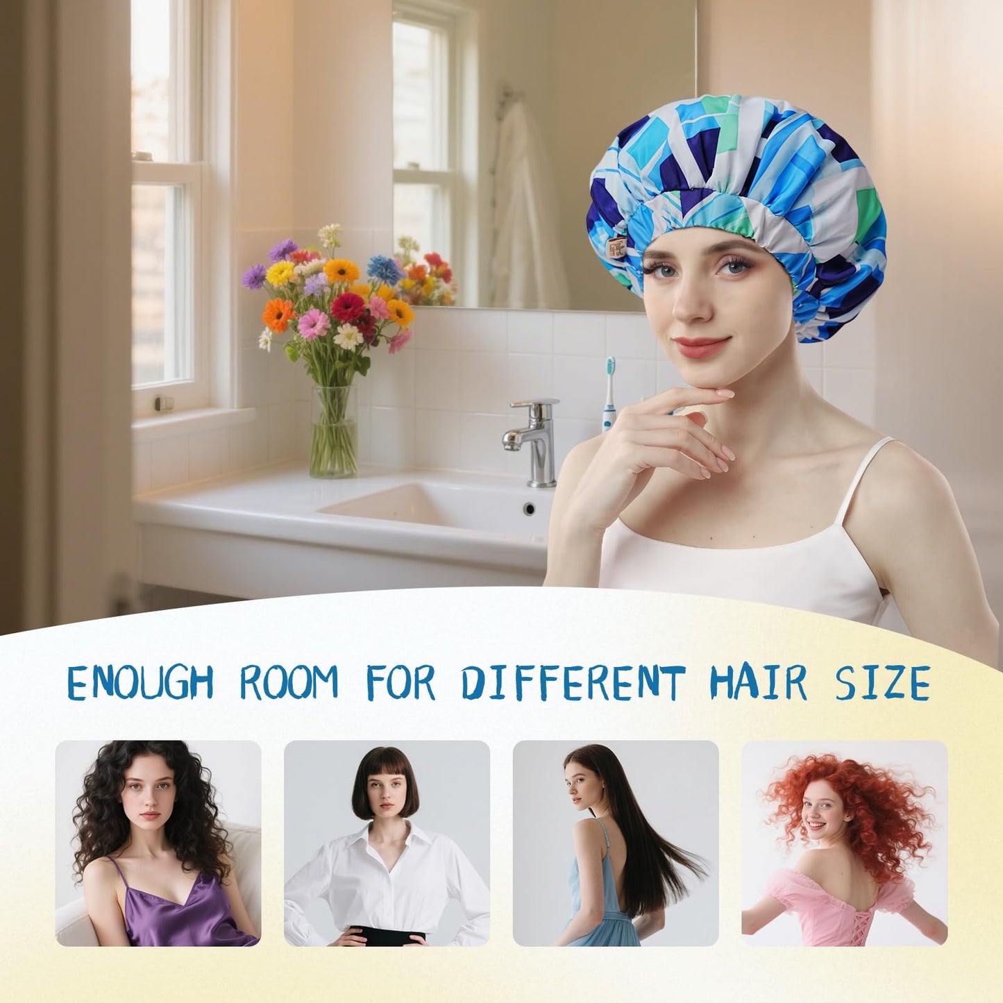 Years Calm Shower Caps for Women Reusable Waterproof, Double-Layer Extra Large Elastic Hair Cap for Shower for Long Hair & Braids, Travel & Home