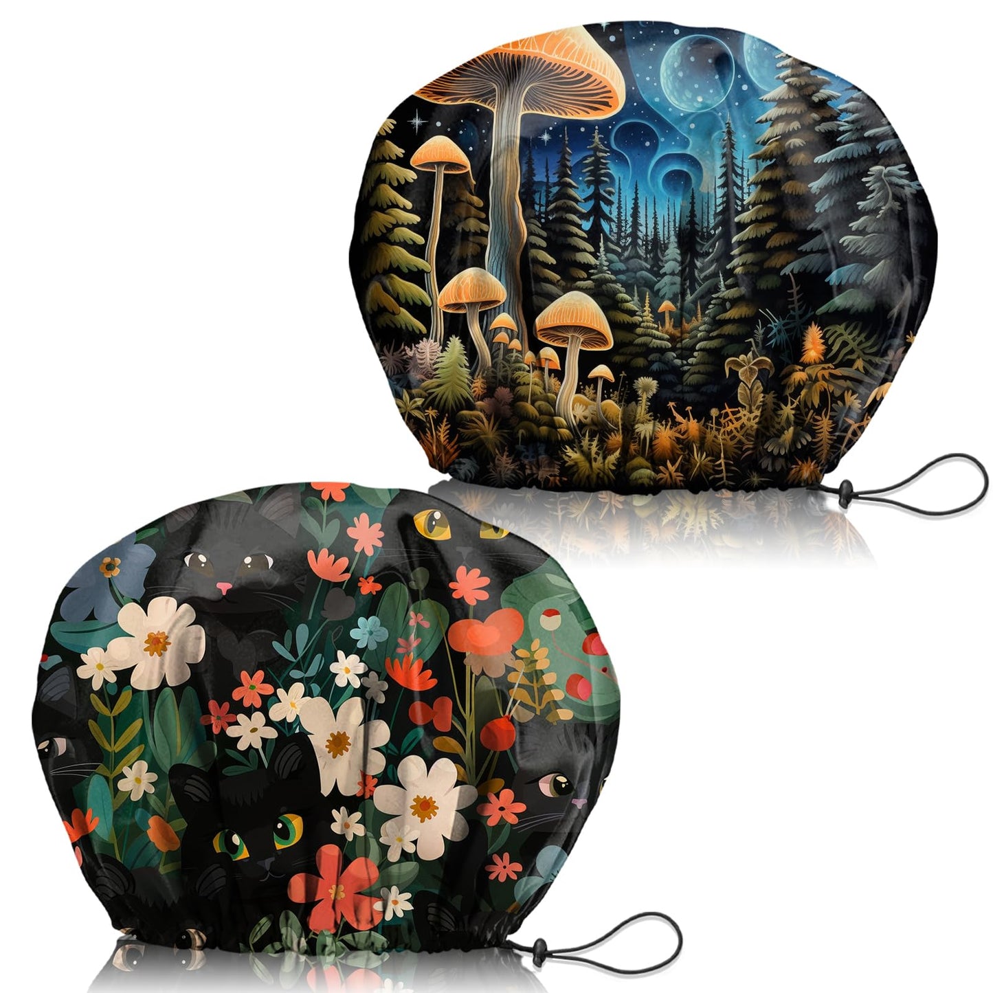 Zewurtuw 2 PCS Shower Cap Adjustable Reusable Double Waterproof Layer Elastic Hair Bath Cap Cute Aesthetic for Women Girls-Mushrooms Cat