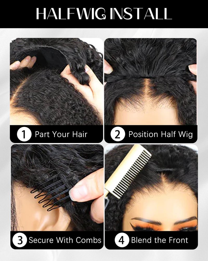 Pobokix Burmese Curly Half Wigs Human Hair Glueless Flip Over Half Wigs Wear Go Drawstring Wigs For Black Women Beginner Friendly No Glue No Sew 180% Density 26inch Natural Black