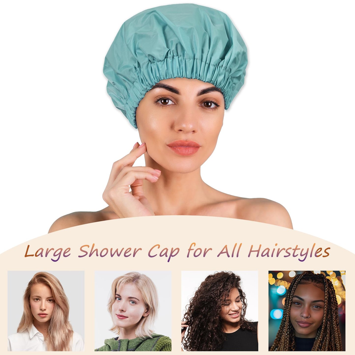 TUVATU Reusable Shower Cap for Women – Large Waterproof Satin Shower Bonnet for Long, Curly & Braided Hair, Washable Bath Hair Cover, Aqua