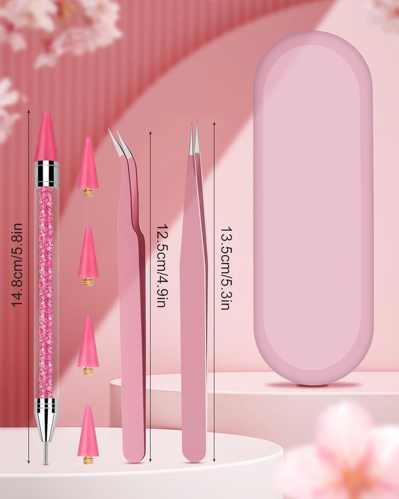 Rhinestone Picker Tool Set - Rhinestone Applicator with 4 Replaceable Wax Heads & 2 Tweezers | Pink