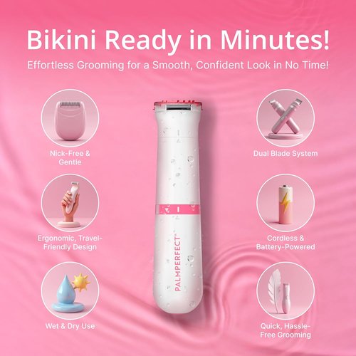 Clio PALMPERFECT Electric Bikini Trimmer - Travel-Friendly Hair Shaver for Smooth, Dual Blade for Close Shave, Use Wet or Dry - Battery-Powered + Trimming Guide Included
