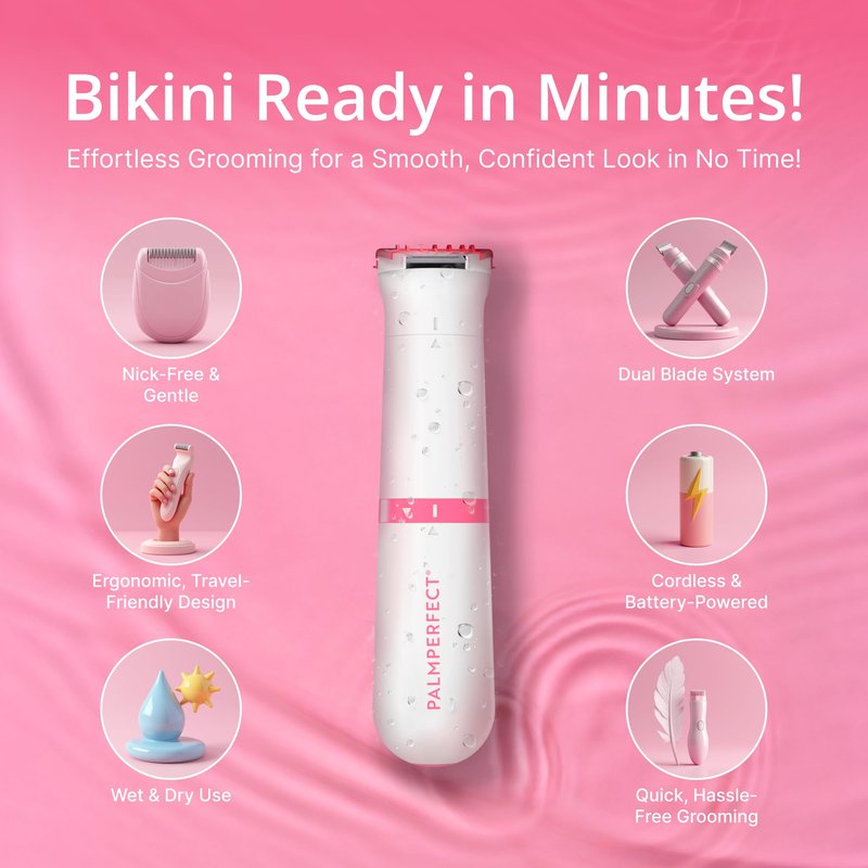 PalmPerfect Bikini Trimmer for Women – Precise & Gentle Hair Removal for Sensitive Areas – Dual Blade System with Rounded Tips – Waterproof Wet/Dry Grooming with Trimming Guide