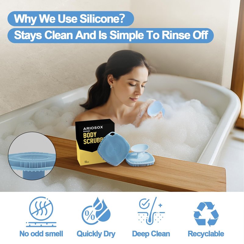 ARIOSOX Silicone Body Scrubber, Bath Brush,Gentle Texture Exfoliating Body Scrubber for Men and Women On Sensitive Skin, Soft Scrubber Builds Up Lather, Deep Skin Clean (Blue)