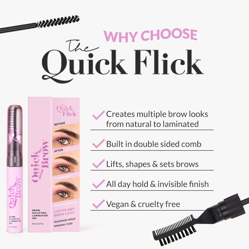 Quick Flick 2-In-1 Eyebrow Lamination Gel - Smudge-Proof & Long-Lasting Clear Formula with Double-Sided Comb (8 ml)