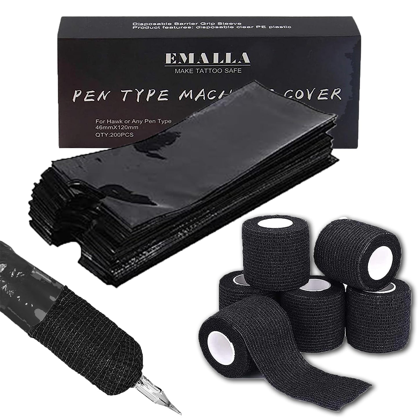 Sotica 200PCS Pen Covers with 6PCS Grip Tape - Machine Wrap Cover Black Pen Bags Sleeves Machine Covers with Black Grip Wrap Self-Adherent Tape Plastic Cover