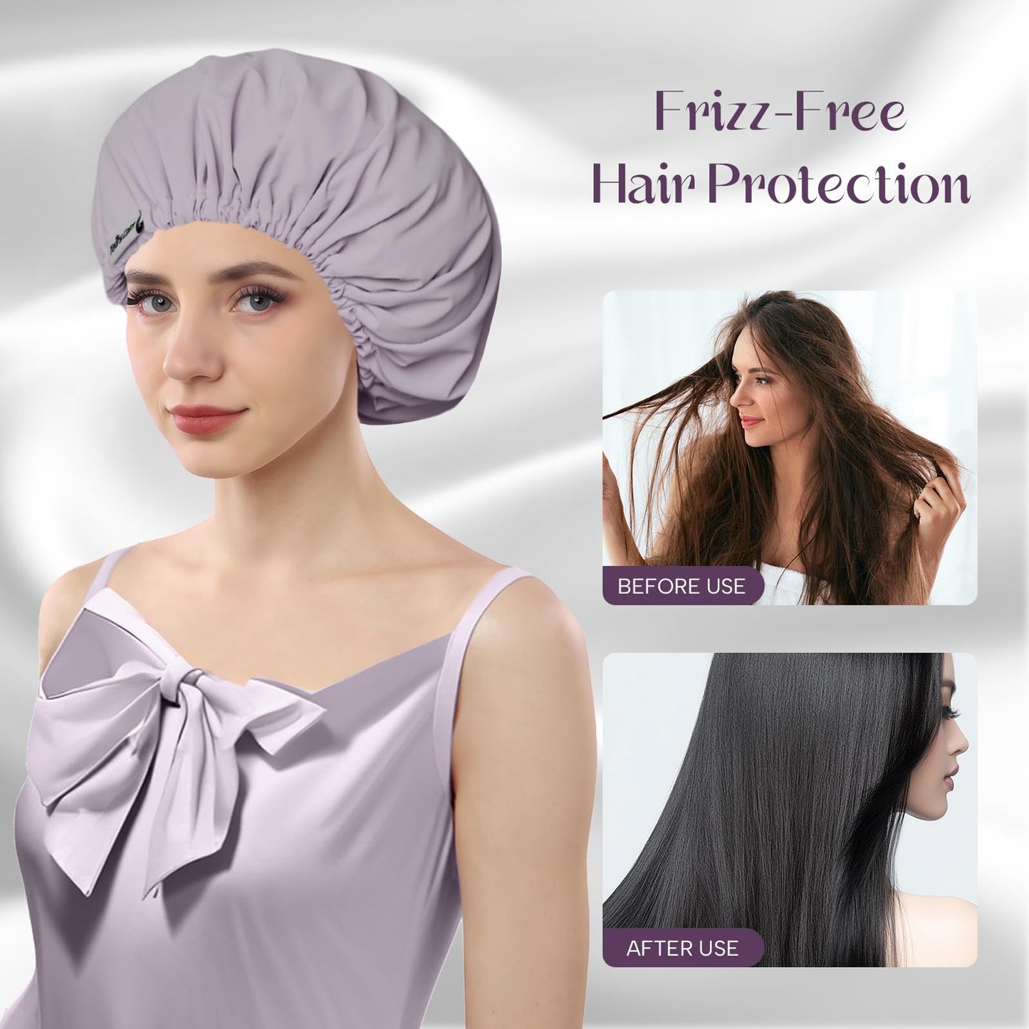Years calm Shower Cap Reusable Waterproof, Double-Layer Hair Cap for Women, with Elastic Band, Ideal for Shower, Spa, Travel & Cleaning (Light purple, One Size)