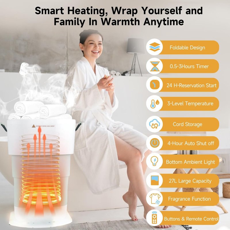 LIONROGE 27L Foldable Towel Warmer - Heated Bucket with Timer & Auto Shut Off | Fits Two Oversized Towels