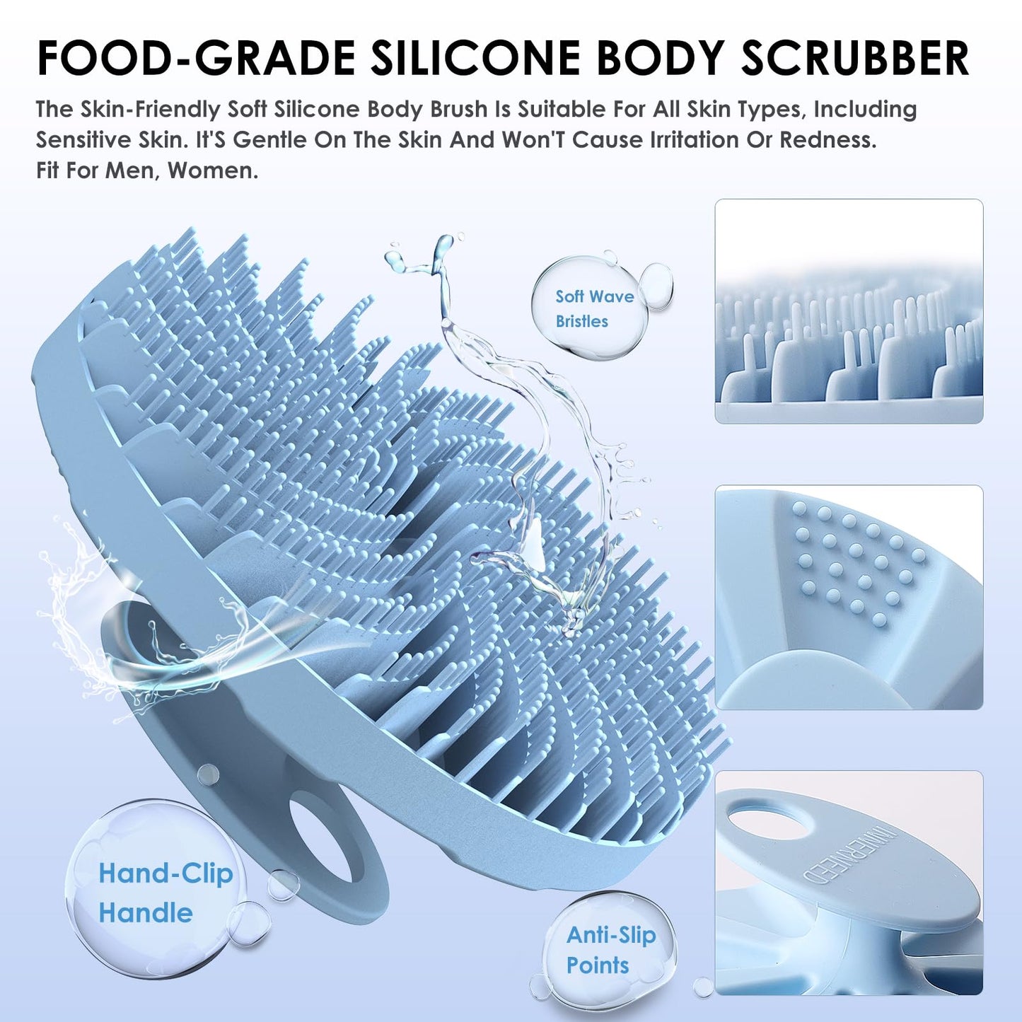 INNERNEED Food-Grade Silicone Body Scrubber Bath Shower Cleansing Brush, Gentle Exfoliating and Massaging, Nice Foaming, More Hygienic and Last Longer (Light Blue)