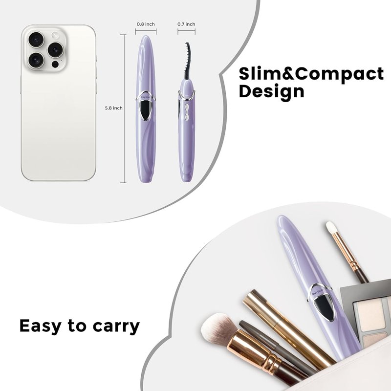 Heated Eyelash Curler - Rechargeable 8-Second Curling Tool for Long-Lasting Natural Makeup | Lilac/Silver, 148MM