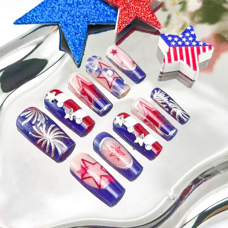 Skiennix 24Pcs 4th of July Press-On Nails - Medium Square French Tip with Glitter Fireworks Design