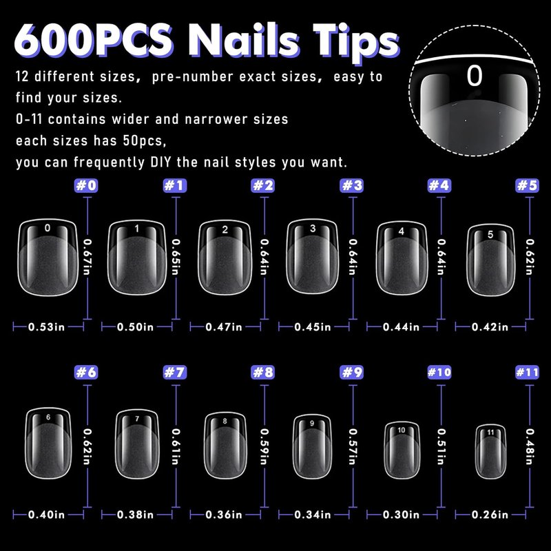 Skiennix 600pcs Short Square Nail Tips - Full Cover Soft Gel Fake Nails for DIY Nail Art | 15 Sizes