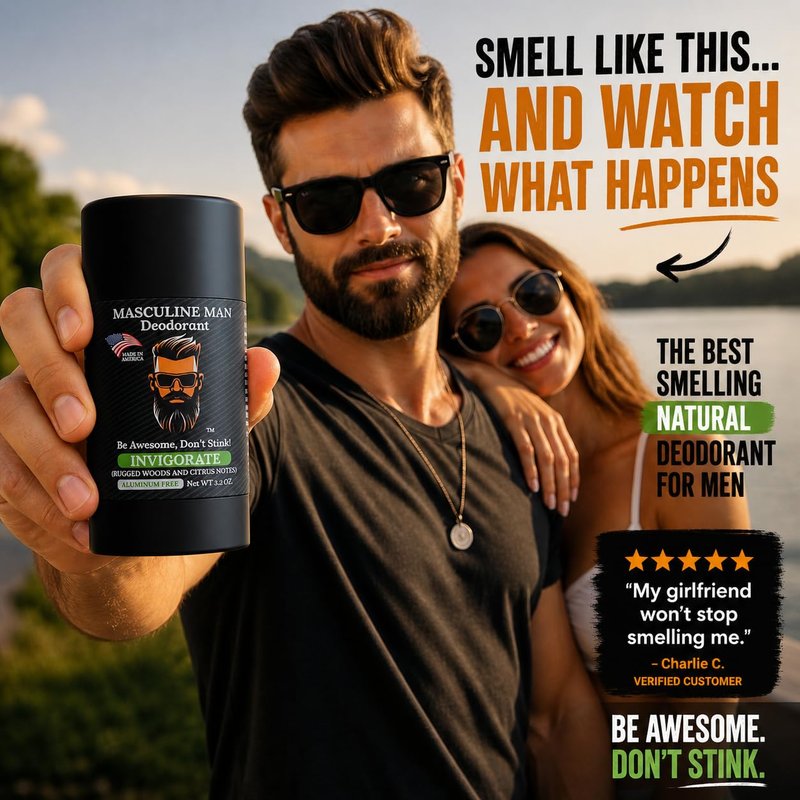 MASCULINE MAN Deodorant for Men - Aluminum Free Mens Deodorant - Natural Deodorants - Sweat Protection for Underarm, Stain-Free Stick Deodorants, Made in USA, 3.2oz (Pack of 2, Invigorate)