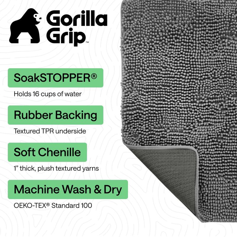 GORILLA GRIP SoakSTOPPER Dog Door Mat, 36x24 Machine Washable Rug Absorbent Doormat Captures Moisture Mud Dirt, Quick Dry Soft Chenille Entryway Rugs Indoor Entrance Mats for Dog Paws, Grey