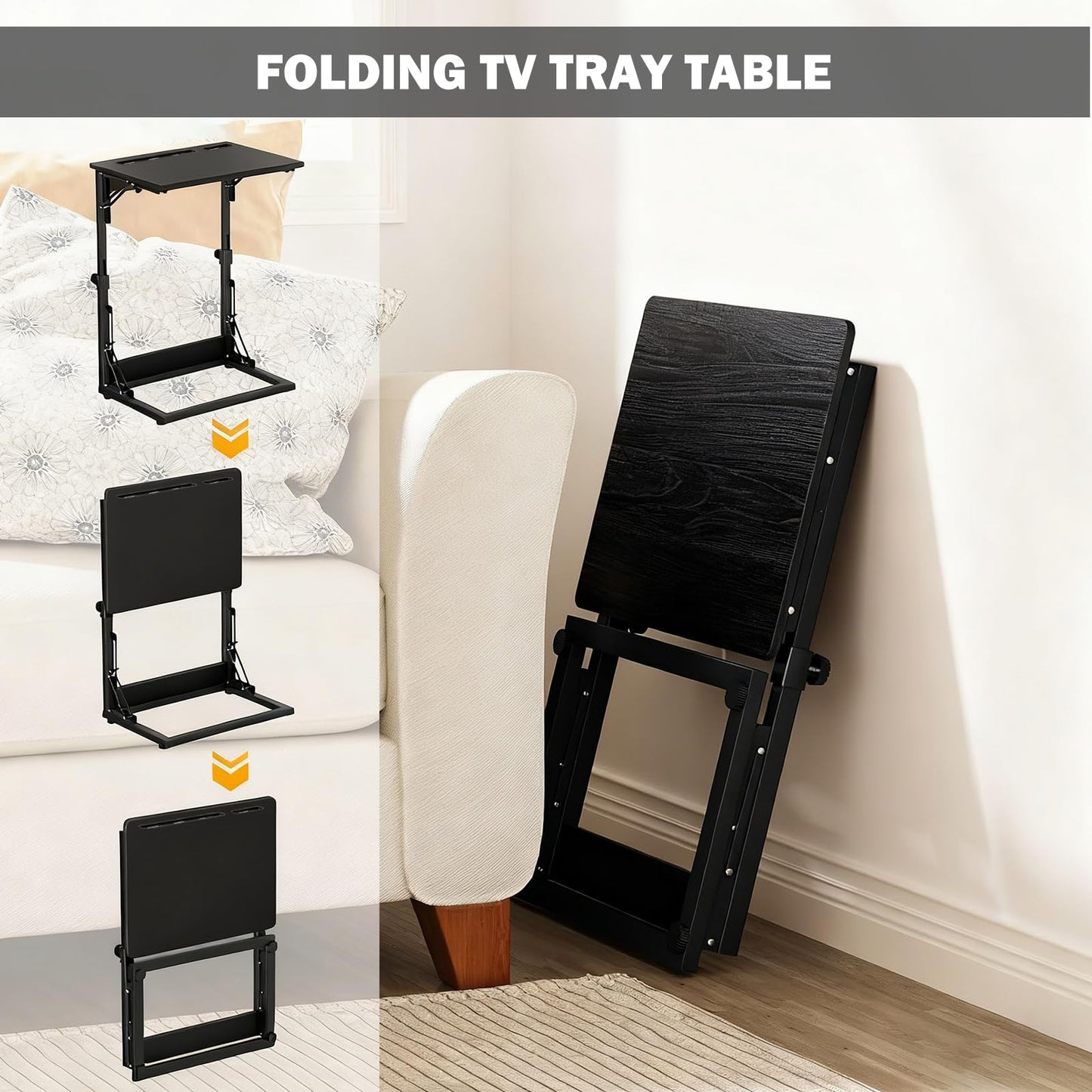 Folding TV Trays Set of 2,TV Dinner Tray Table,Adjustable Height TV Trays for Eating on Couch,C Shaped End Table with Tablet and Phone Slots,Foldable Side Table&Laptop Desk for Sofa&Bedside&Recliner