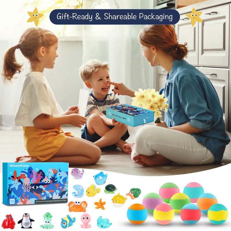 Sea Surprise Bath Bombs for Kids, 15 Pack Organic Fizzy Bath Bombs Gift Set with Hidden Ocean Toys, Gentle & Scented, Kid-Safe & Fun Bath Time, Ideal Christmas Gift & Stocking Stuffer for Kids