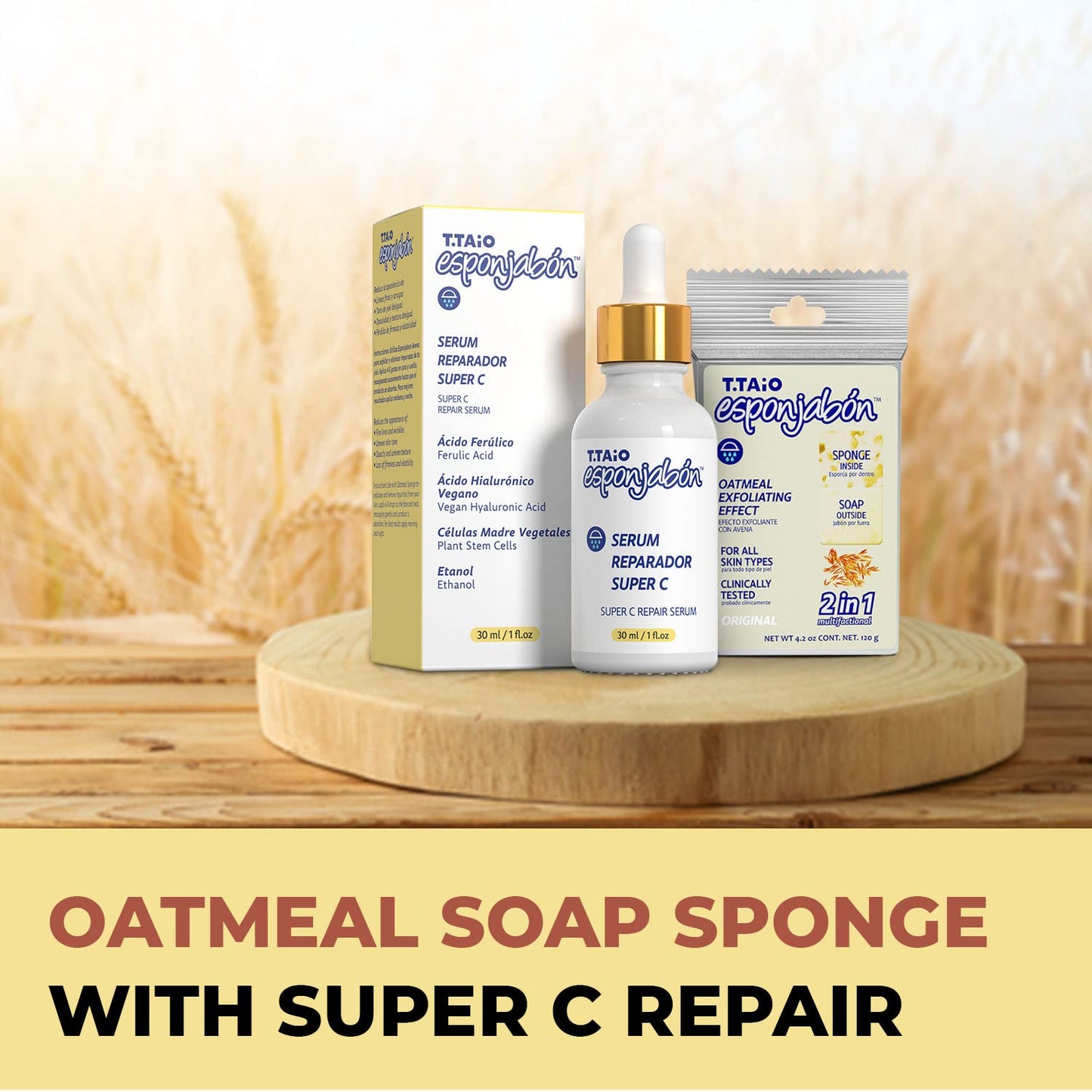T.Taio Esponjabon Oatmeal Soap Sponge with T.Taio Super C Repair Serum Bundle - Beauty & Personal Care Products - Face Exfoliator and Body Exfoliator - Natural Soap & Shower Sponge, Bath Sponge