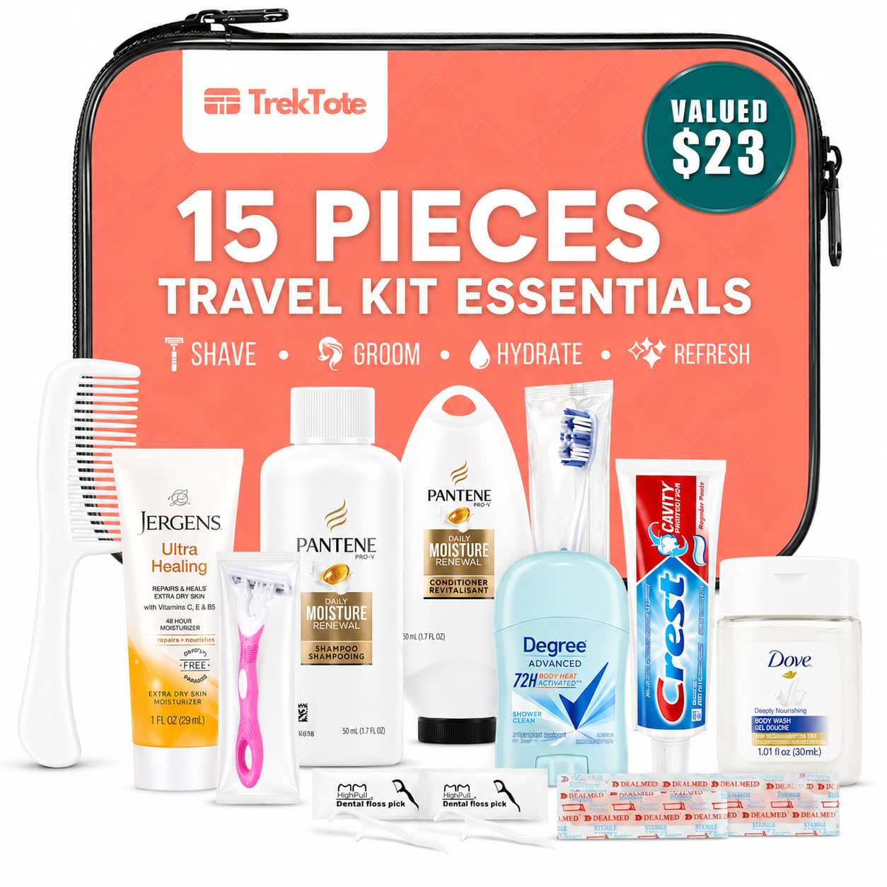 TrekTote 15 Piece Set Women’s Travel & Hygiene Kit with Clear Toiletry Bag, Personal Care Essentials, Single Kit or Bulk Case Packs, TSA Approved Toiletry Kit for Travel, Vacation, Everyday Essentials