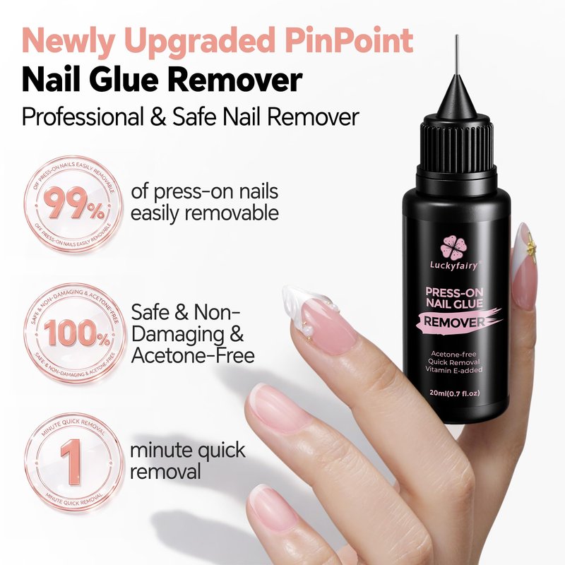 Pinpoint Press On Nail Remover: 2PCS 20ml Non-Acetone Nail Glue Remover with Cuticle Pusher, Multi-Functional Remover for Nails Tips, Gentle Nail Polish Remover with Upgraded Quick Easy Removal