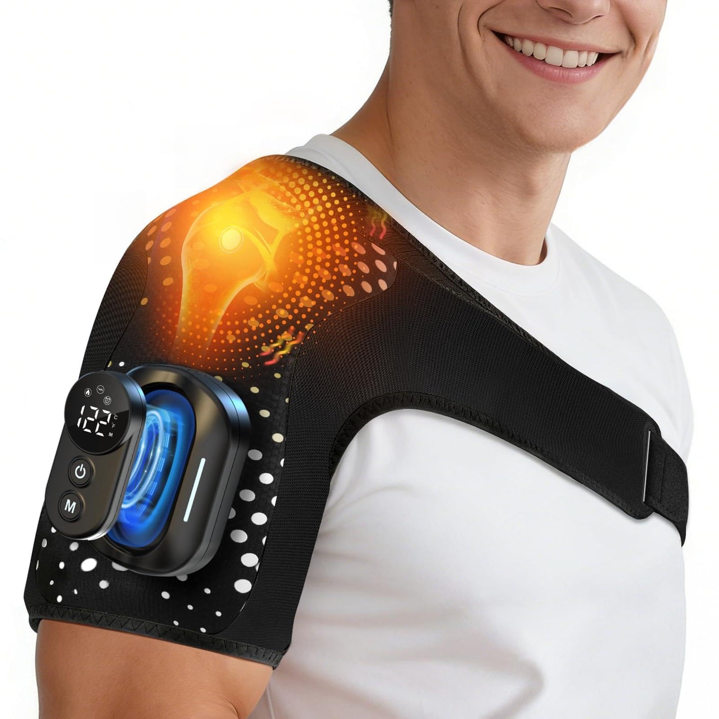 Trunsif Cordless Shoulder Heating Pad with Massage, Portable Heated Shoulder Brace with Magnetic Detachable Remote Control, 5 Heat & 5 Vibration Modes, Adjustable Fit for Men and Women, Black