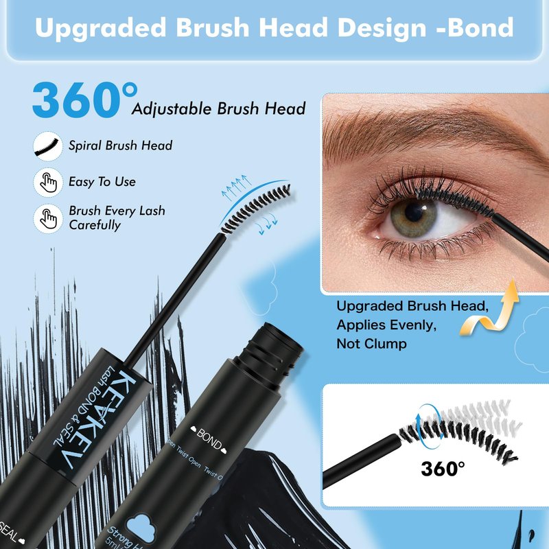 KEVKEV Lash Cluster Glue, Bond And Seal Lash Glue, 2 in 1 Waterproof Lash Bond & Seal for Clusters Strong Hold 72H+ Oilproof Latex-Free Easy To Apply (10ml, Black)