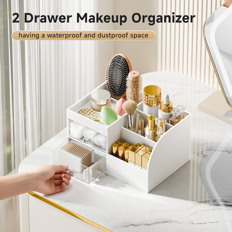 Skiennix Makeup Organizer - 2 Drawer Vanity Storage with Brush Holder | White Countertop Display Case