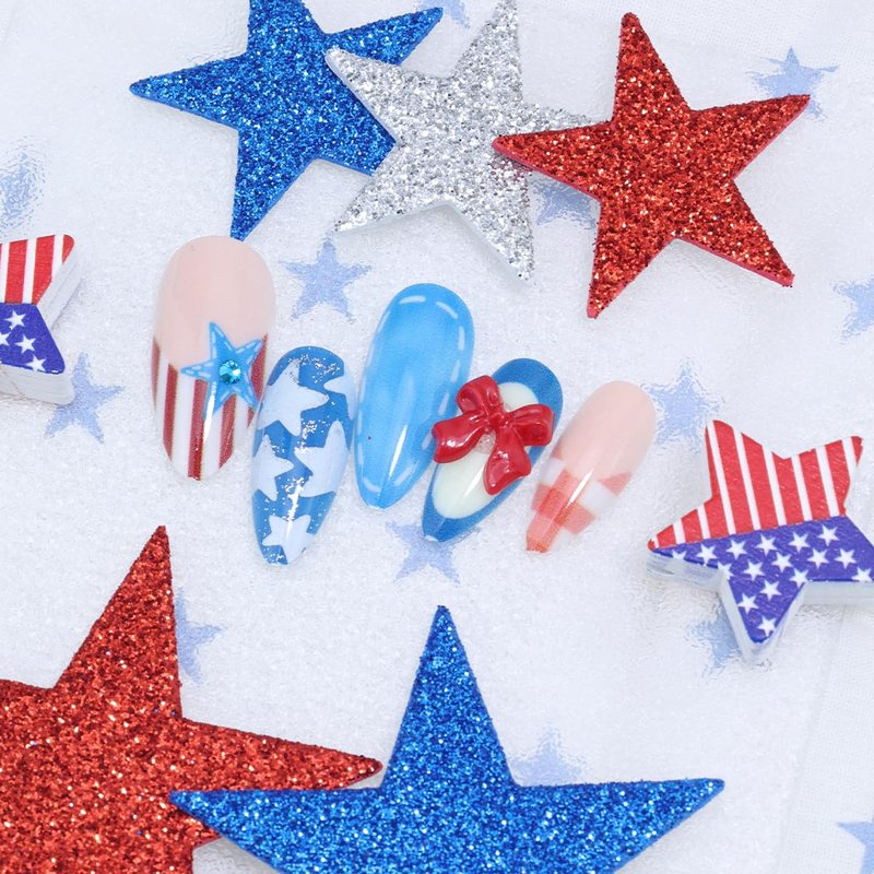 30Pcs French Tip Press on Nails Medium Almond 4th of July Fake Nails with Star & Bow Designs Red White Blue Independence Day Glue on Nails Reusable Acrylic False Nails for Women Patriotic Holiday Nail