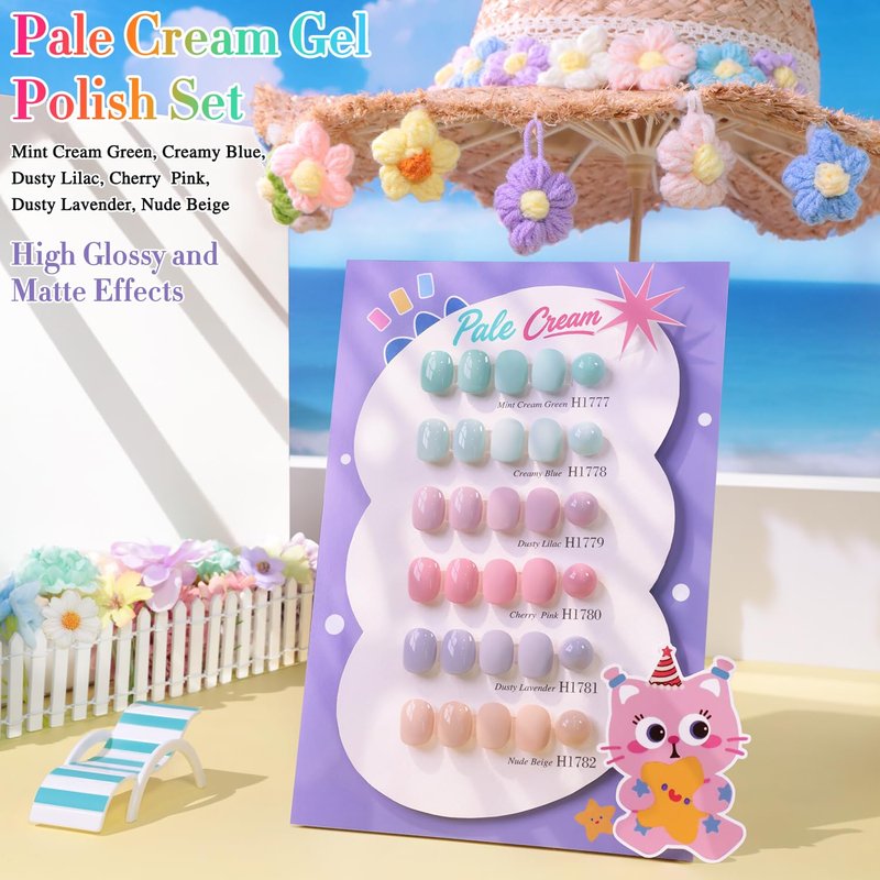 Double Rhythm Gel Polish Set - 6 Pcs Hema-Free Soak Off Nail Kit | Cream, Teal, Nude, Pink, Purple - 0.50 OZ Each
